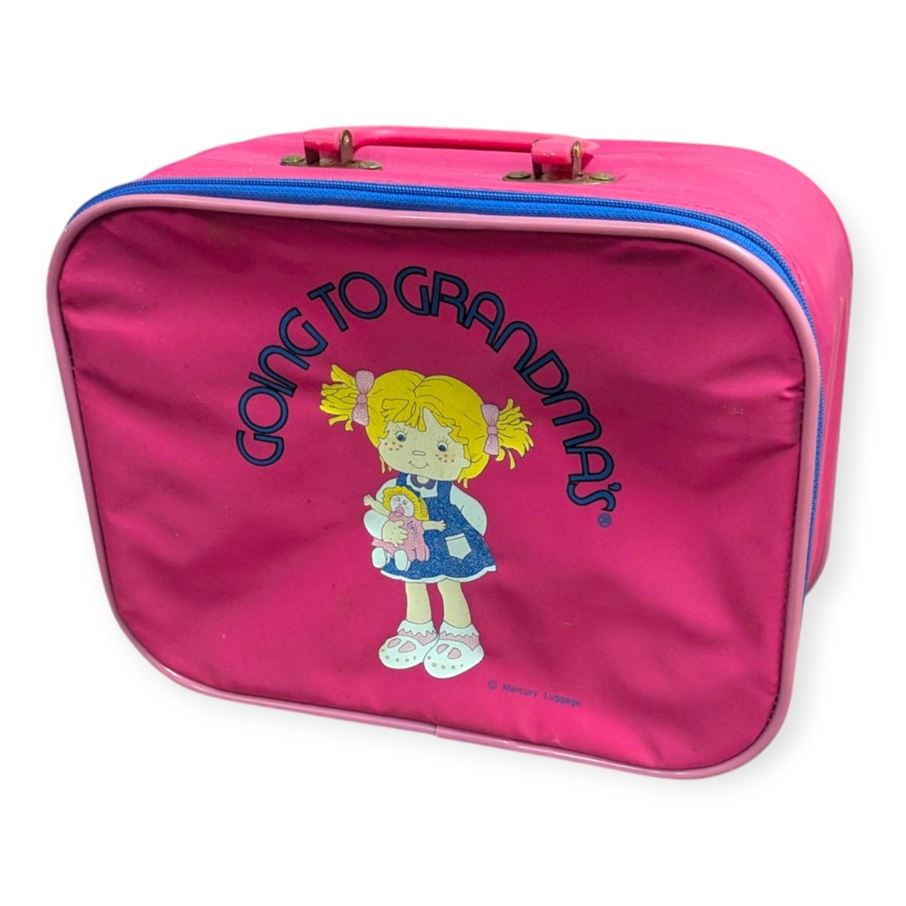 Vintage Mercury Luggage Going To Grandmas Pink Kids Travel Suitcase Bag 90s